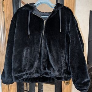Black Faux Fur Zip-Up Hoodie
